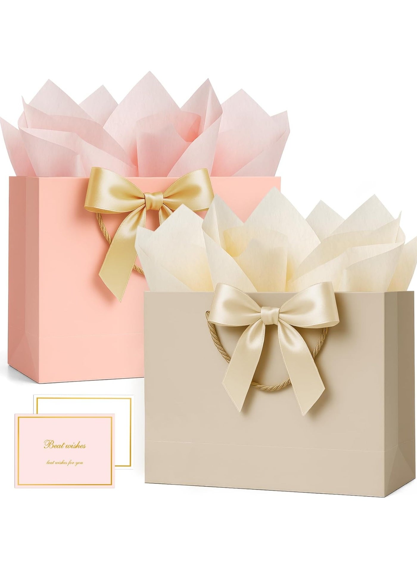 2 Pack Gift Bags, Premium Gift Bags with Handles with 2 Ribbon 2 Tissue Paper 2 Greeting Cards, Large Present Wrap Bag for Valentine's Day, Birthday, Baby Shower, Wedding, Party Favor (Champagne & Pink)